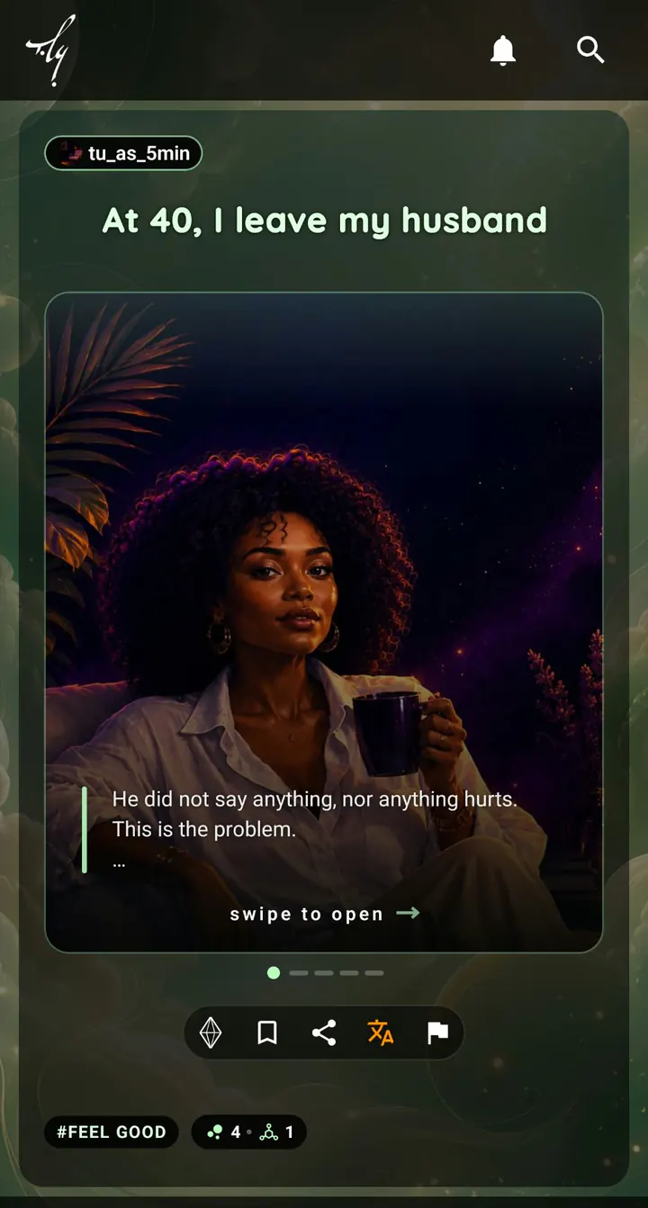 The same card in Feel good: rounded green title, a different world entirely.