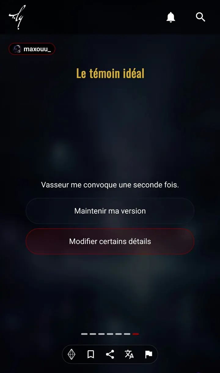 L'écran de choix de l'application : la question posée par l'histoire, puis les deux réponses possibles.